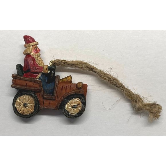 Vintage Mini Christmas Tree Ornament Santa Driving Car 2" Tall Carved Style - Picture 3 of 5